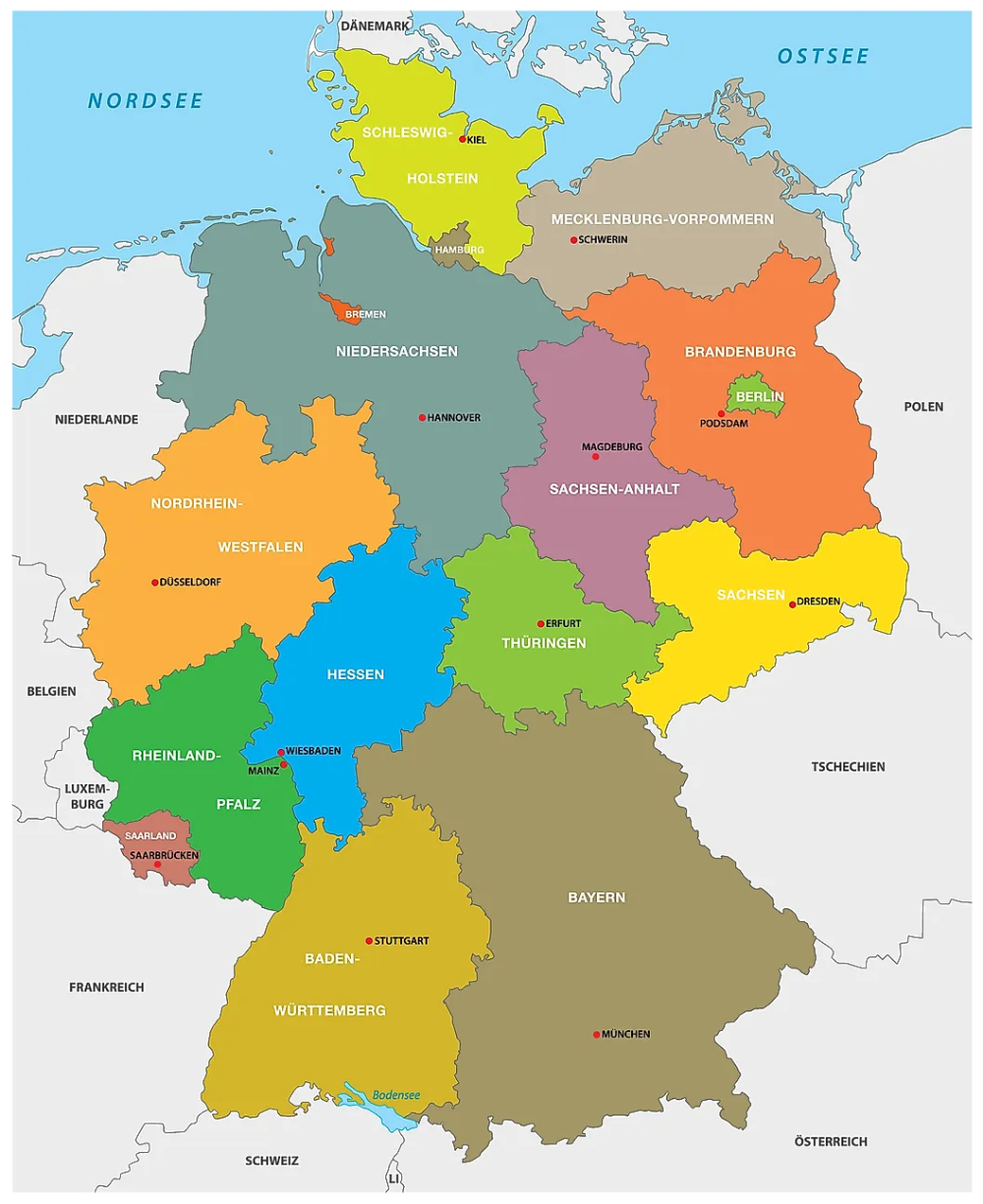 خريطة ألمانيا باللغة العربية مع المقاطعات والحدود والمدن | عرب ألمانيا
